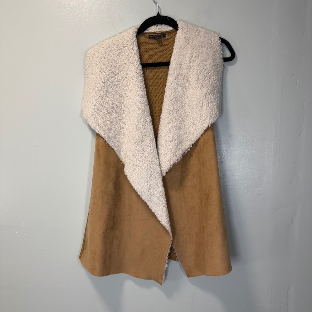Signature Studio Brown Faux Suede Knit Sherpa Vest Small Cozy Bohemian